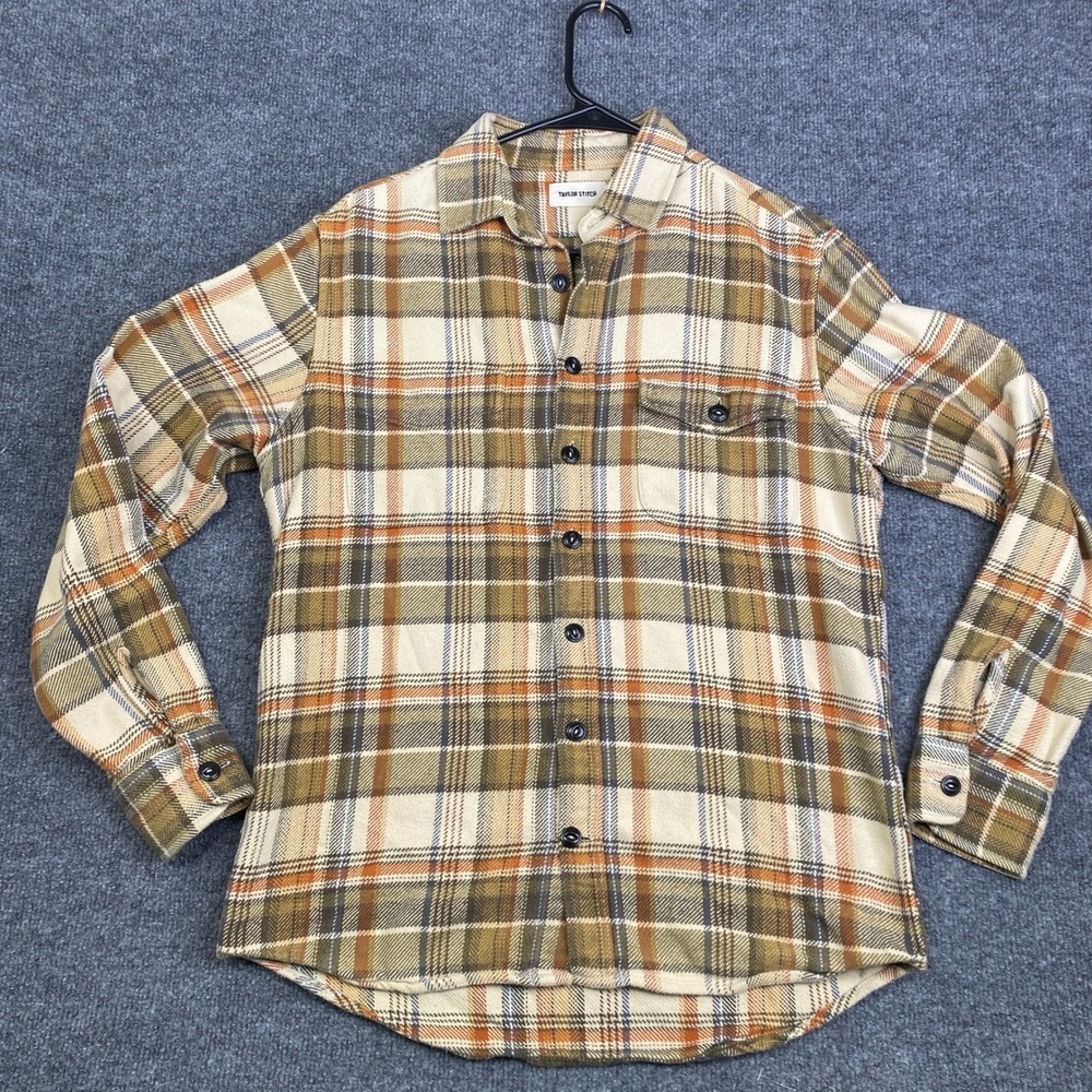 Taylor Stitch Mens Plaid Flannel Shirt Size 40 Medium Tan Orange Organic Cotton